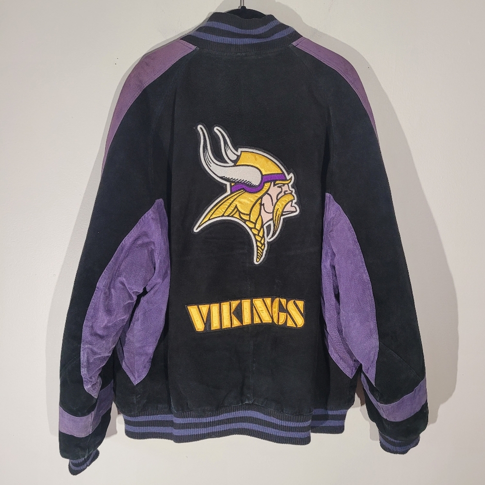 NFL Vintage 90s Vikings‎ Leather Suede Jacket Large Bomber Football Black Purple